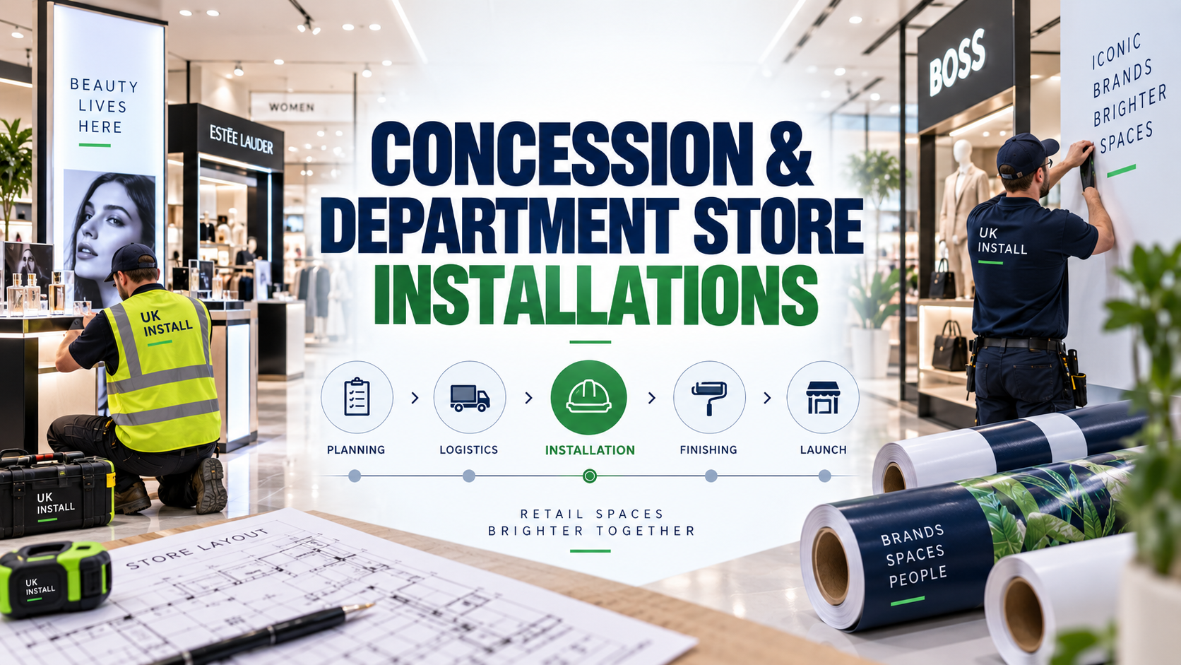 UK Install team completing concession and department store installations with planning, logistics, and launch process.